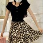 Short-sleeve Knit Top / Leopard Print Mini Skirt