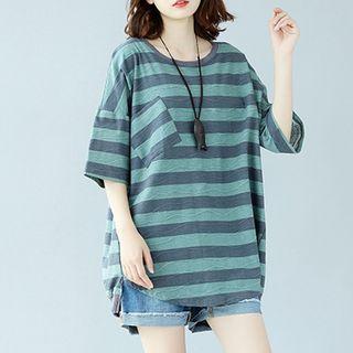 Elbow-sleeve Striped T-shirt Stripes - Blue & Aqua Green - One Size