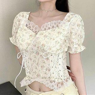 Puff-sleeve Floral Lace Blouse White - One Size