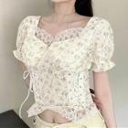 Puff-sleeve Floral Lace Blouse White - One Size