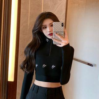 Mock-neck Half-zip Letter Embroidered Cropped T-shirt