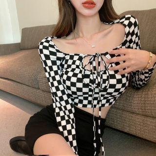 Chessboard Print Long-sleeve Tie-strap Shirt Black - One Size