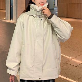Fleece Faux Leather Zip-up Jacket