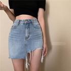 High-waist Frayed Asymmetric Denim Skirt
