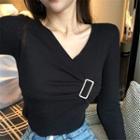 Plain V-neck Long-sleeve Slim-fit T-shirt Black - One Size
