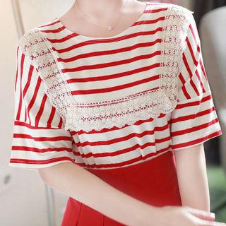 Lace-trim Textured Stripe T-shirt