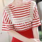 Lace-trim Textured Stripe T-shirt