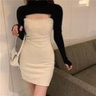 Long-sleeve Cutout Two-tone Turtleneck Mini Bodycon Dress