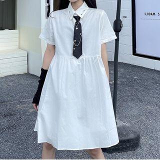 Short-sleeve Midi A-line Shirtdress With Necktie