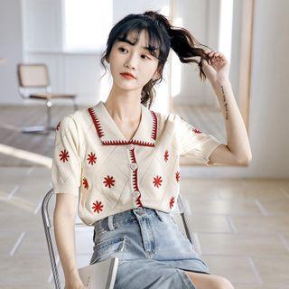 Embroidered Collared Short-sleeve Cardigan