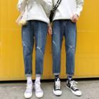 Couple Matching Cropped Ripped Straight-fit Jeans