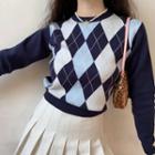 Round-neck Long-sleeve Argyle Sweater