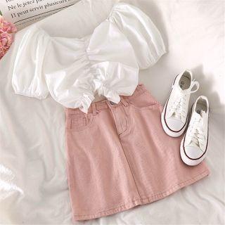 Plain Puff-sleeve Cropped Top / Plain Denim Skirt