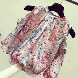 Off-shoulder Flower Pattern Chiffon Blouse
