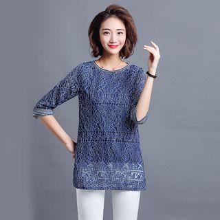 Print 3/4-sleeve Round-neck T Shirt