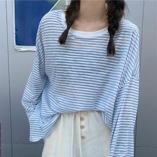 Long-sleeve Striped T-shirt / High-waist Wide-leg Shorts