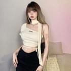 Puff-sleeve One-shoulder Halter Neck Crop Top