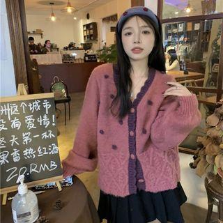 Long Sleeve V Neck Two Tone Knit Cardigan