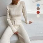 Long-sleeve Plain Knit Top + High-waist Drawstring Knit Pants