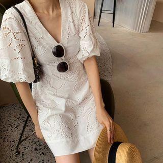 V-neck Puff-sleeve Mini A-line Eyelet Dress