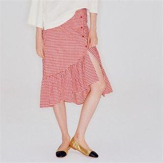Ruffled-hem Button-detail Gingham Skirt