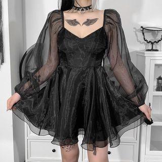 Long-sleeve Mini A-line Organza Dress