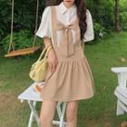 Bow A-line Overall Dress / Plain Puff-sleeve Shirt