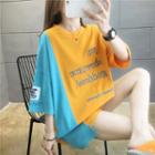Two-tone Panel Letter Embroidered Elbow-sleeve T-shirt