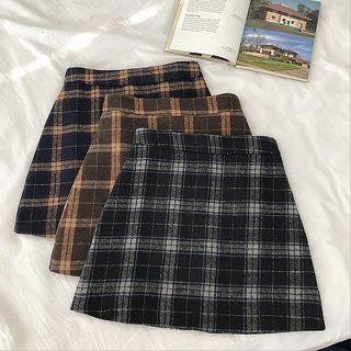 Color-block Plaid High-waist Acrylic Skirt
