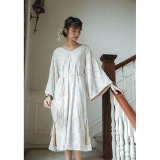 Wide-sleeve Patterned V-neck Midi Dress