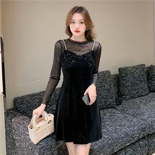 Set: Long-sleeve Mesh Top + Spaghetti Strap Sequined Bow Mini A-line Dress