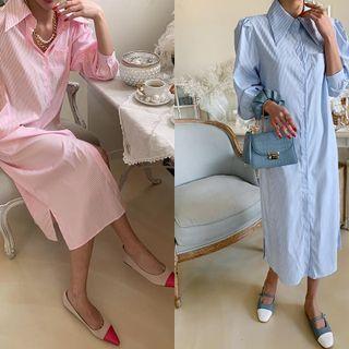 Balloon-sleeve Stripe Long Shirtdress