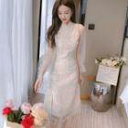 Long-sleeve Mesh Panel Floral Qipao Dress