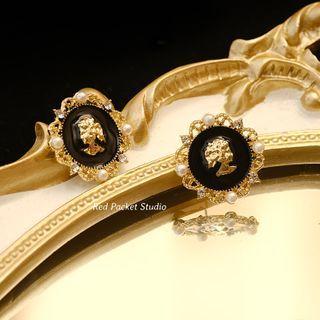 Embossed Alloy Faux Pearl Earring 1 Pair - Black & Gold - One Size