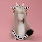 Set: Cow Ear Headband + Tail Set Of 2 - Headband & Tail - Dairy Cow Patten - Black & White - One Size
