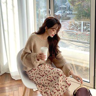 Balloon-sleeve Oversized Rib-knit Top