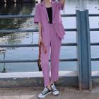 Set: Elbow-sleeve Blazer + High-waist Dress Pants