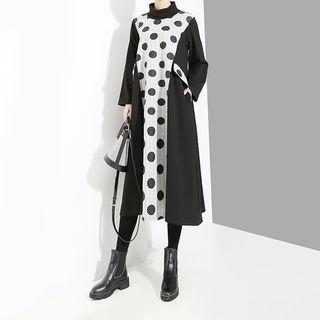 Long-sleeve Turtleneck Dotted Midi Dress White - One Size