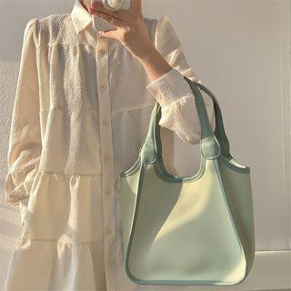 Set: Two-tone Faux Leather Tote Bag + Pouch