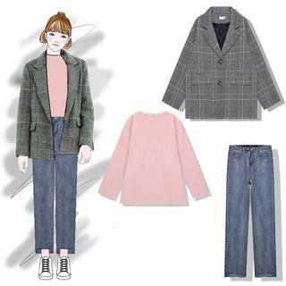 Plaid Blazer / Long-sleeve Plain T-shirt / Straight Cut Jeans