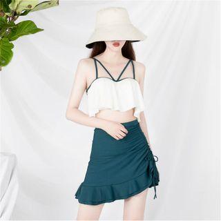 Set: Contrast Trim Tankini + Drawstring Swim Skirt