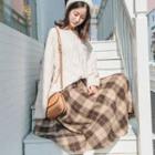 Cable Knit Sweater / Plaid Midi A-line Skirt / Set