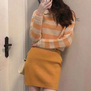 Pol-neck Striped Sweater / Knit Skirt
