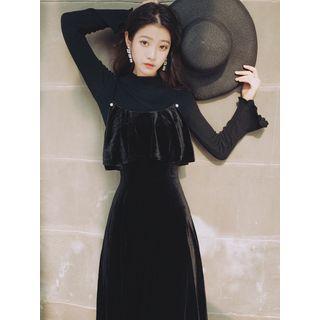 Set: Bell-sleeve Knit Top + Spaghetti Strap Midi Velvet Dress