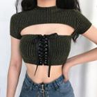 Cut-out Lace-up Short-sleeve Cropped Knit Top
