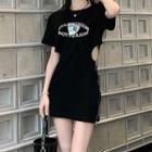 Short-sleeve Print Cutout Mini T-shirt Dress Black - One Size