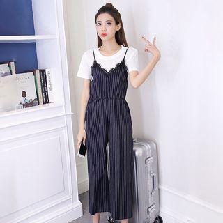 Set: Short-sleeve Top + Spaghetti Strap Cropped Jumpsuit