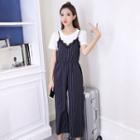 Set: Short-sleeve Top + Spaghetti Strap Cropped Jumpsuit