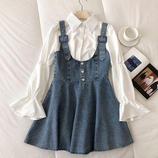 Long-sleeve Plain Shirt / Denim Sleeveless Dress