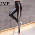 Faux Leather Sequined Panel Leggings